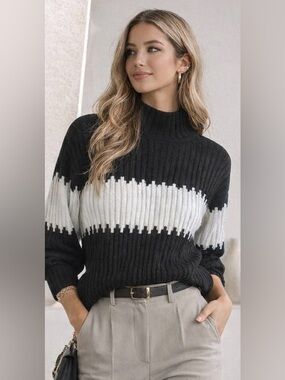 Boutique Sophia Mock Neck Sweater L Black White Colorblock Chunky Knit Statement